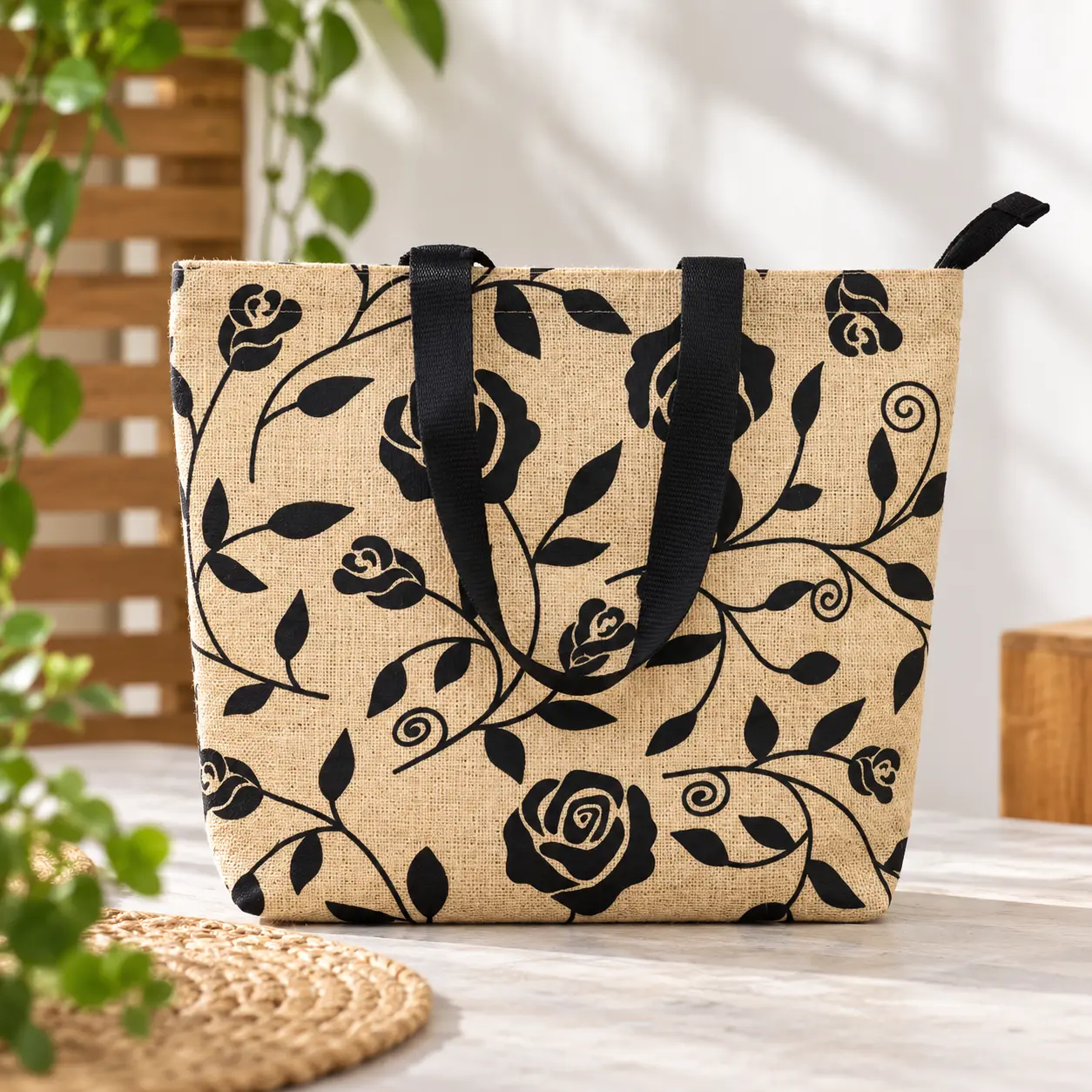 Floral Jute Tote Bag with Zipper